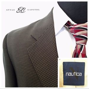 Nautica Mens 44R Olive Green Brown Plaid Blazer